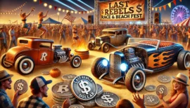 DALL·E 2025-02-12 14.22.51 – A vibrant festival scene featuring people exchanging metallic coins labeled ‘Last Rebels Dollar’ (LR$). The setting includes an outdoor auction, livel